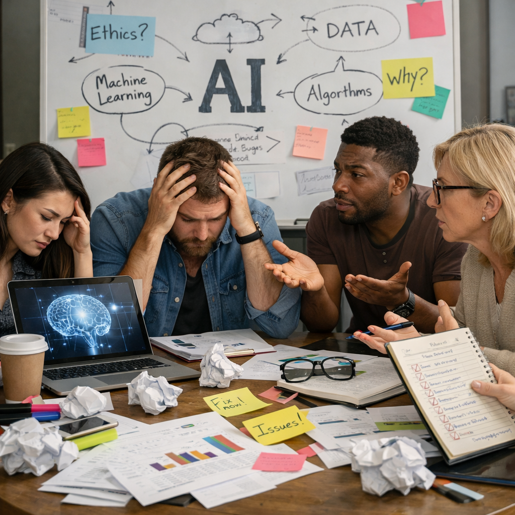 photographic group of people discussing AI and seeming a frustrated but not overboard and just chaosmess checklists etc