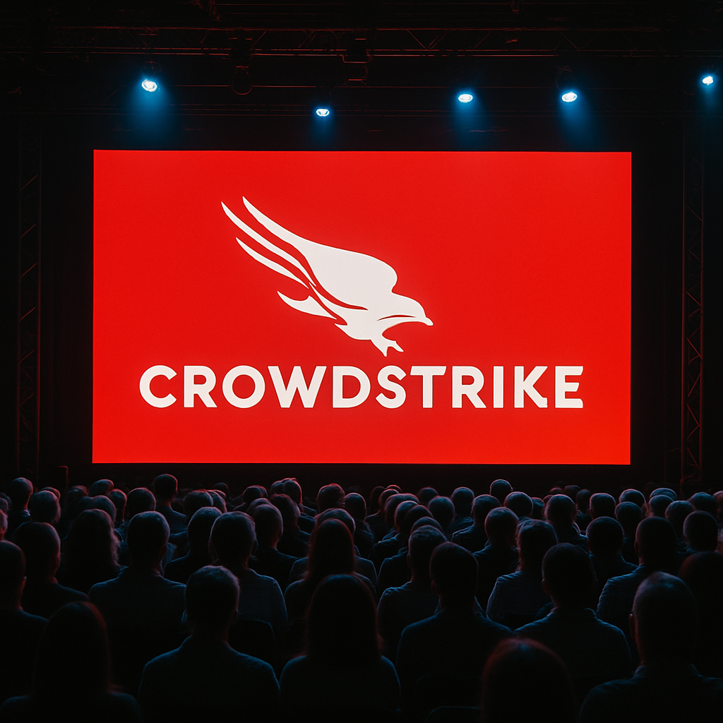 photographic stage with screen and crowdstrike falcon logo in a 500x500 size with audience
